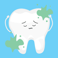 Sad dirty tooth on light blue background