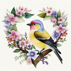 Fototapeta premium a painting of a bird on a branch in heart form with flowers, a watercolor painting , ai generated