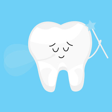 Tooth with magic wand and wings on light blue background