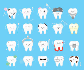 Set of many cute teeth on light blue background