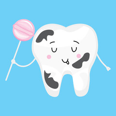 Tooth with decay holding lollipop on light blue background