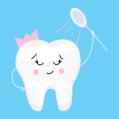 Happy tooth taking shower on light blue background
