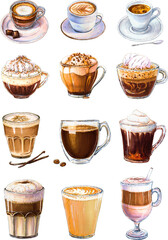 Coffee drinks.  Illustration of strong espresso, gentle latte, sweet macchiato and cappuccino, Viennese coffee and glace with ice cream.