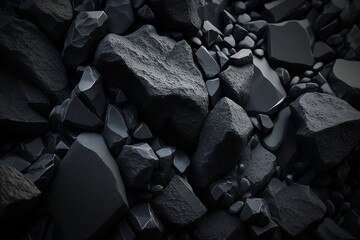 Black stone texture close up. Rock surface. Dark gray grunge background with space for design. Template. Backdrop.  Sea ​​stones. AI generated