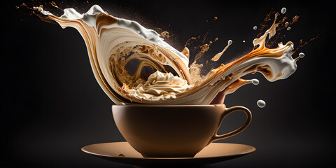 Aromatic coffee splashing in a Cappuccino cup. Enchanting splash of cappuccino foam. Created with Generative AI