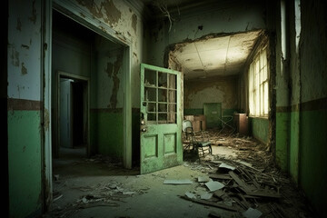 Fototapeta na wymiar Old abandoned hospital interior, generative AI