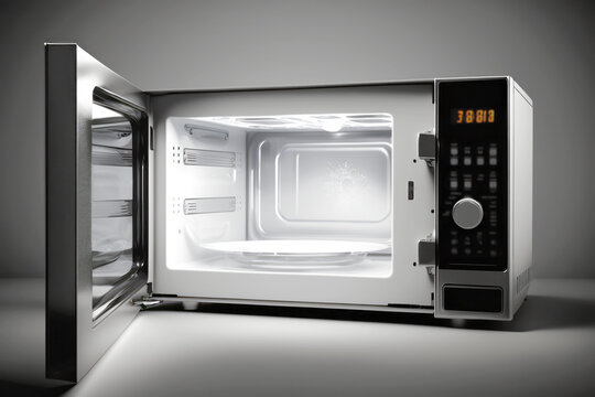 Opened empty microwave oven, studio or kitchen shot. AI generative