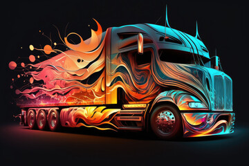 Abstract colorful truck, flame effects, generative AI