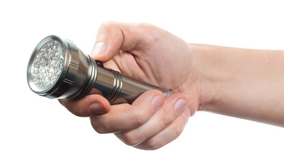 Hand holding a flashlight cut out
