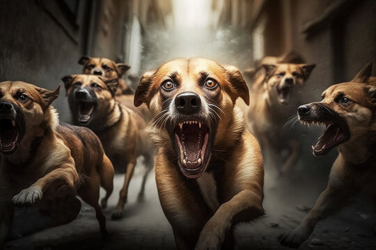 Scary pack of aggressive stray dogs attacks stranger and barks loudly and shouts. Dangerous accident on the street. AI generative