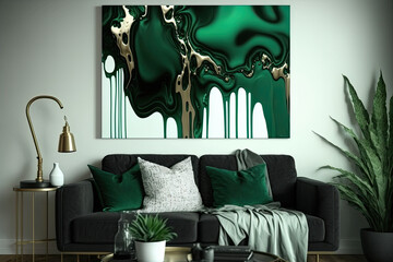 Living room interior, white and green color design, generative AI