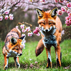 Full body red fox with his cub and cherry trees around. Generative AI.