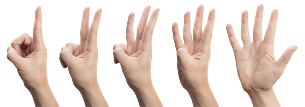 Hands set showing number signs from 1 to 5, cut out