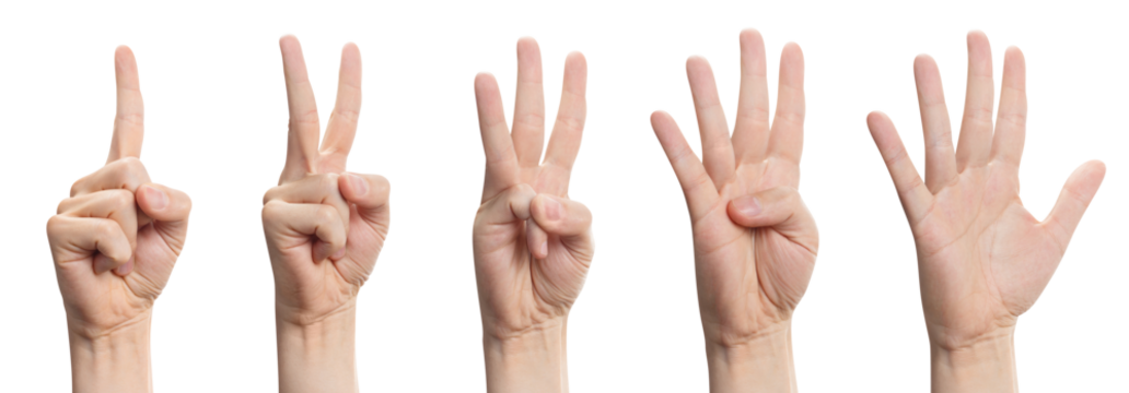 Hands set showing number signs from 1 to 5, cut out