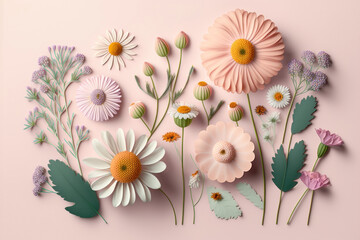 Creative illustration concept of spring flowers on pastel pink background. Generative AI