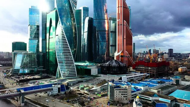 Aerial View Of Modern Glass Office Buildings, Moscow City