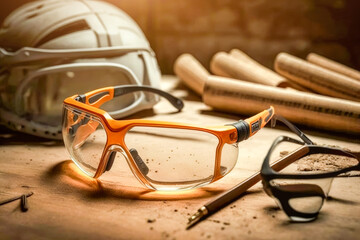Protective eyeglasses at woodwork carpentry shop. AI generative - obrazy, fototapety, plakaty