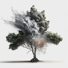 Tree in smoke. Smoke and wood. Tree with smoke on a light background. Green Tree. Wood smoke. Generative AI.