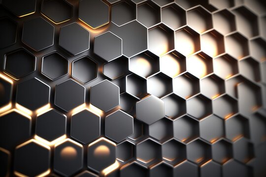Hexagonal abstract metal background with light. AI generation © yuliachupina