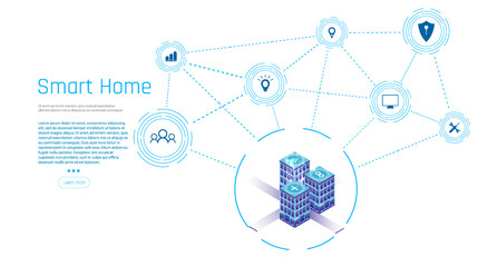 Banner of Smart Home technology. The building consists of numbers and is connected by icons of household smart devices. Intelligent home management system. 