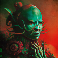 Portrait of an alien warrior from the future, close-up, post-apocalyptic atmosphere