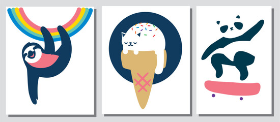a minimalist laconic illustration of a black sloth hanging from a rainbow, melting cute cat and panda on scatebord