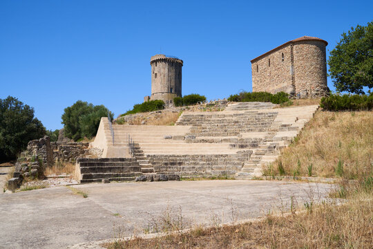 Theater, Norman Tower and Capella Palatina of Velia. Part of the Elea Unesco World Heritage Site in the Salerno region of southern Italy. Ancient Greek and Roman culture. Part of Magna Grecia.