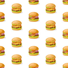 Burger with meat, cheese, sauce and vegetables. Seamless pattern. Texture for fabric, wrapping, wallpaper. Decorative print.	
	
