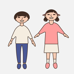 Korean boy and girl full length standing. Happy Asian children junior preschoolers age. Joyful childhood. Small daughter, sister, son, brother, granddaughter, grandson, niece, nephew. Kids clothing.