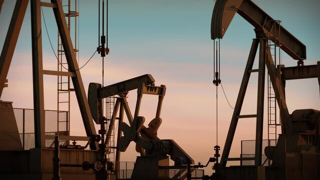 Oil rigs or pumps. Industrial construction ground drilling equipment. Pump jack extracting oil from oil well from underground. Fossil fuel, gas, petroleum. Crude oil mining platform. 3D Render concept