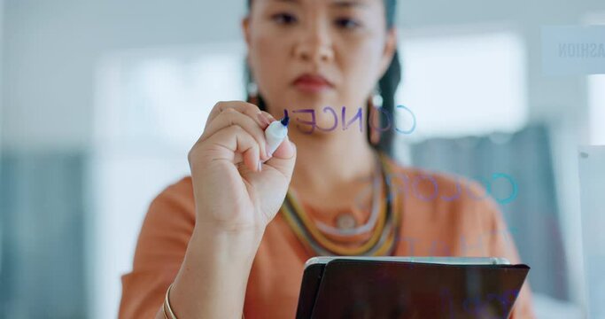 Asian woman, writing and tablet in planning schedule on glass board for tasks, ideas or reminder at office. Serious female in project plan, sticky note or idea for priority, marketing or advertising