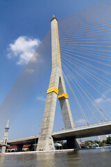 Fototapeta premium Modernistic Bhumibol Suspension Bridge over the Chao Phraya River in Bangkok