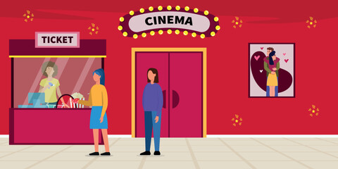 Vector illustration of a beautiful cinema lobby with a poster and a cash register. Cartoon women are standing in line to buy movie tickets at the cash register from the controller.