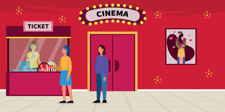 Vector illustration of a beautiful cinema lobby with a poster and a cash register. Cartoon women are standing in line to buy movie tickets at the cash register from the controller.