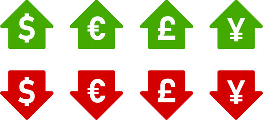 US Dollar Euro British Pound Sterling Japanese Yen or Chinese Yuan Price Value Green Up and Red Down Arrow Icon Set with Currency Signs. Vector Image. - obrazy, fototapety, plakaty