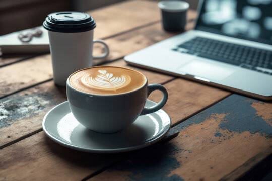 A cup of cappuccino, coffee and breakfast pastries on a wooden table with a  laptop computer for work and accessories. Generative AI Stock Photo