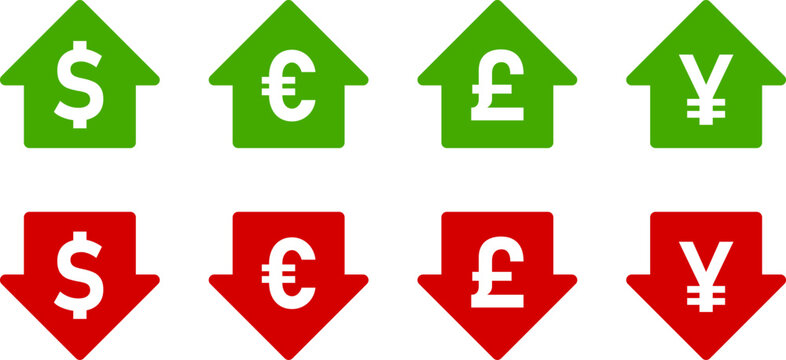 US Dollar Euro British Pound Sterling Japanese Yen or Chinese Yuan Price Value Green Up and Red Down Arrow Icon Set with Currency Signs. Vector Image.