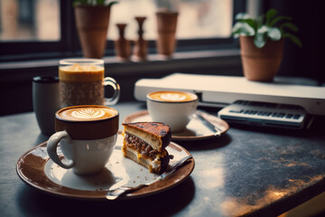 A cup of cappuccino, coffee and breakfast pastries on a wooden table with a laptop computer for...