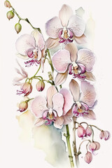 Tropical pink Orchid plant with pink flowers and green leaves. Watercolor drawing. Floral illustration. Generative AI
