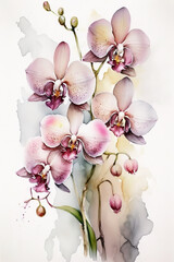 Tropical pink Orchid plant with pink flowers and green leaves. Watercolor drawing. Floral illustration. Generative AI