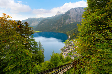 View of the Alpine lake and town of Hallstatt, Austria, from the funicular railway to the top of the mountain and the Salt mines