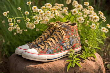 Wildflower garden pattern with canvas shoes