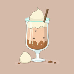 Flat cartoon illustration of cute beautiful glass cup of coffee drink in pastel brown colors