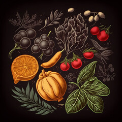 Many different vegetables on a black background, vintage drawing style, engraving, fine food background, natural bio vegetables, healthy food