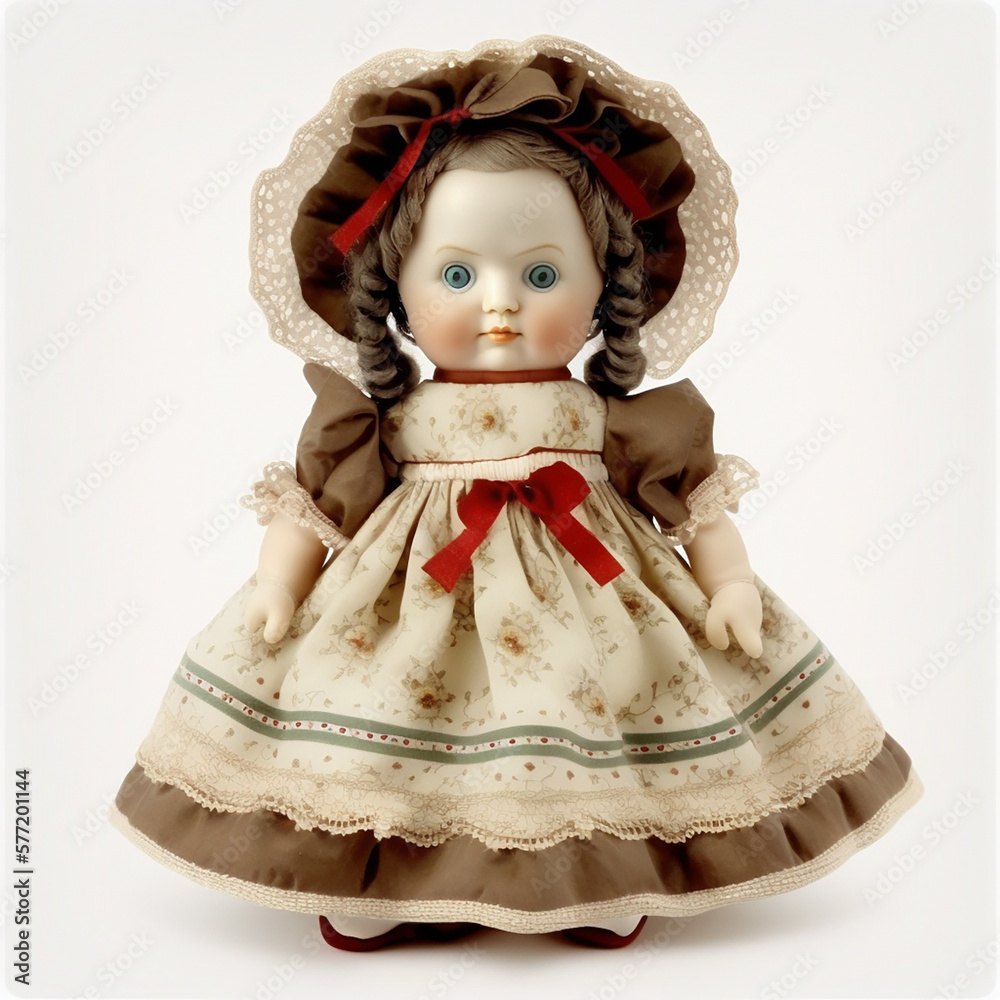 Wall mural Very old vintage retro toy doll in a beautiful dress isolated on white close-up