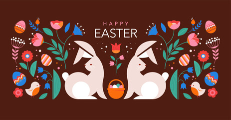 Happy Easter, decorated geometric style Easter card, banner. Bunnies, Easter eggs, flowers and basket. Modern minimalist design