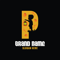 Letter P Boy with a Lantern Logo Design Template Inspiration, Vector Illustration.