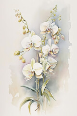 Tropical Orchid plant with white flowers. Watercolor painting. Floral illustration. Generative AI