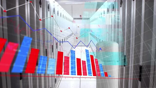 Animation of red and blue graphs and data processing over servers in computer server room