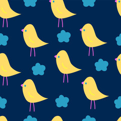 Seamless background with birds .funny yellow chicks and blue flowers on dark blue background .pattern for children's things .Easter illustration 